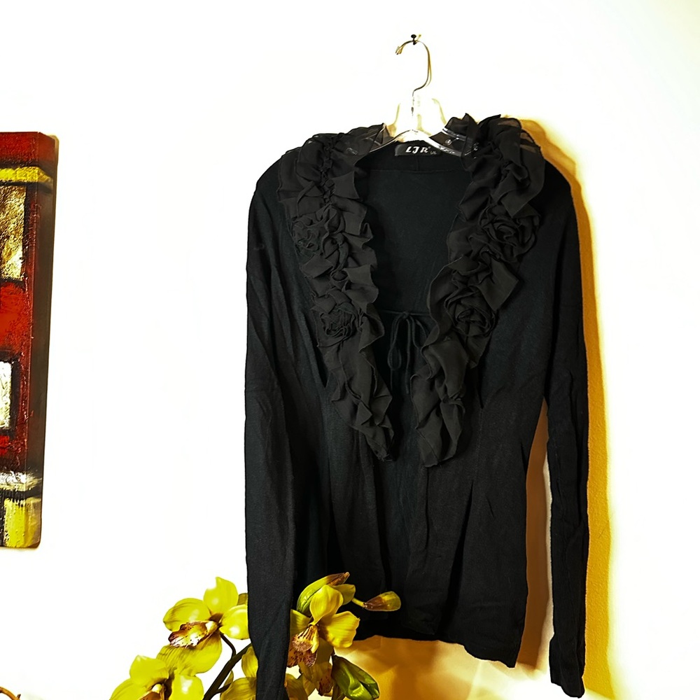 T91- Black Ruffled Tie Front Blouse Cardigan